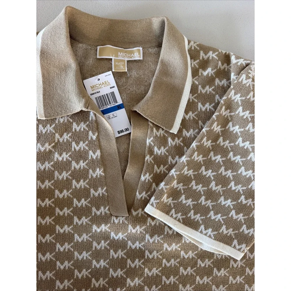Michael Kors Womens MK Monogram Logo Polo Shirt Knit Top Khaki Beige XL NWT